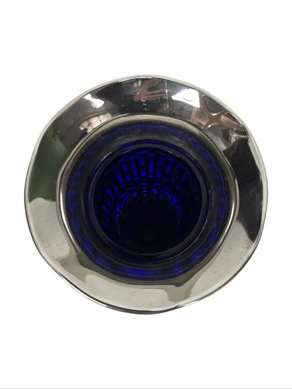 Vintage Godinger Silverplate Vase With Cobalt Blue Glass Liner Pierced Overlay